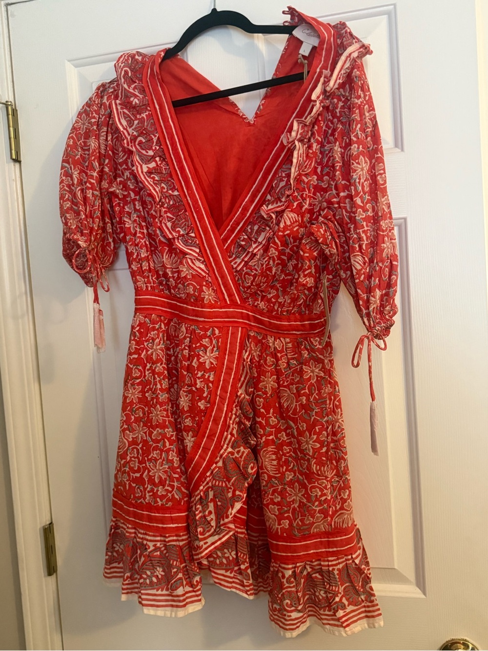 Red Floral Wrap Dress with Ruffle Trim from Cleobella